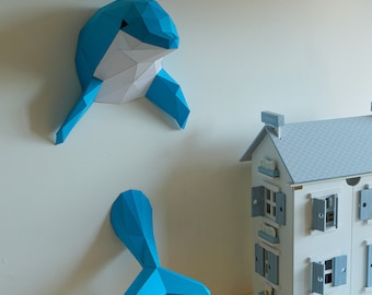 Papercraft Animals - Dolphin Wall Sculpture Trophy, Low Poly Art Decor, PDF Download for Easy Crafting