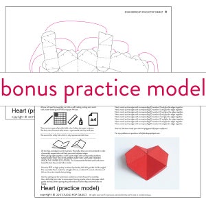 May include: A red paper heart sculpture with instructions for assembling the model. The instructions include a diagram of the folded heart and a list of steps for assembling the model. The text on the page reads "Heart (practice model) copyright &copy; 2017 STUDIO POP OBJECT".