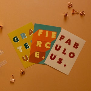 Set of mini vintage prints, A6 postcards with motivational words