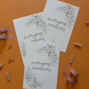 Stampa artistica boho floreale fine line, Outrageous Courageous, in formato A5