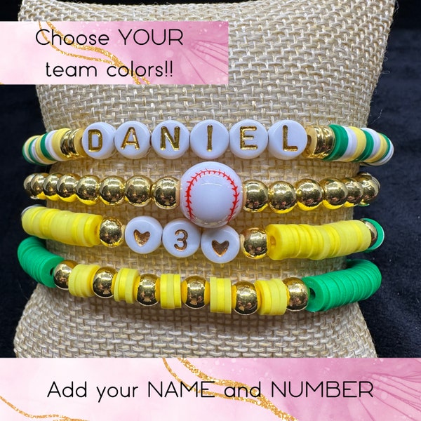 Mom Baseball bracelets | Personalized Name bracelets| Number Bracelets | Mom gift| Stacking Bracelets| Mom bracelets | Heishi bead bracelets