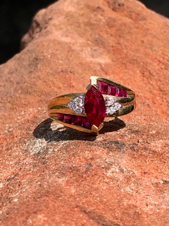 10K Gold Diamond and Ruby Marquise Shaped Ring - image 1
