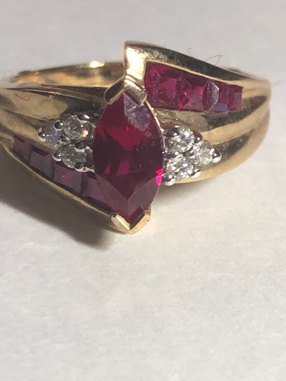 10K Gold Diamond and Ruby Marquise Shaped Ring - image 2