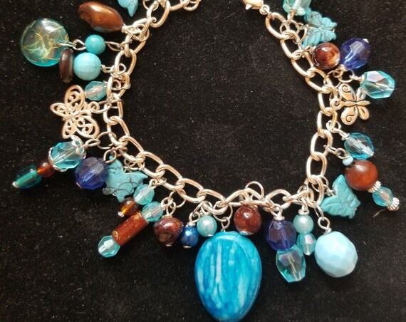 Beautiful OOAK hand-crafted charm bracelet "Blue butterflies"