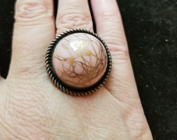 Vintage Glass Cabochon Adjustable Statement Ring Pink Drizzle