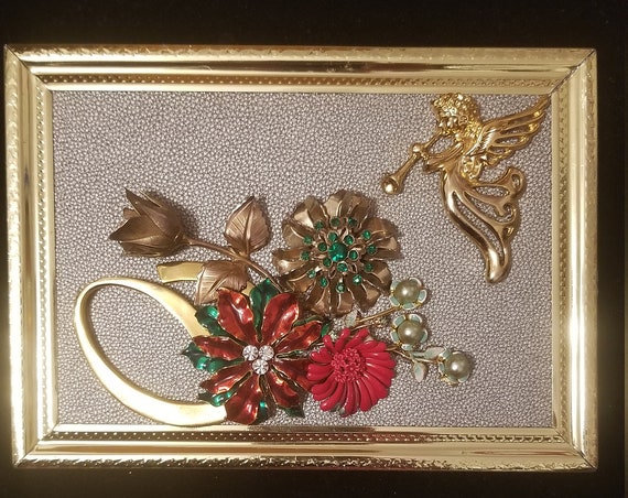 Framed Jewelry Art Mixed Media Vintage and Contemporary Christmas