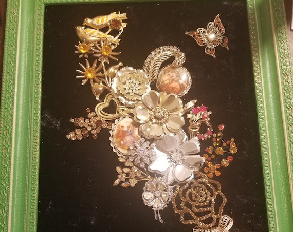 Framed Vintage Jewelry Art "Golden Spring"