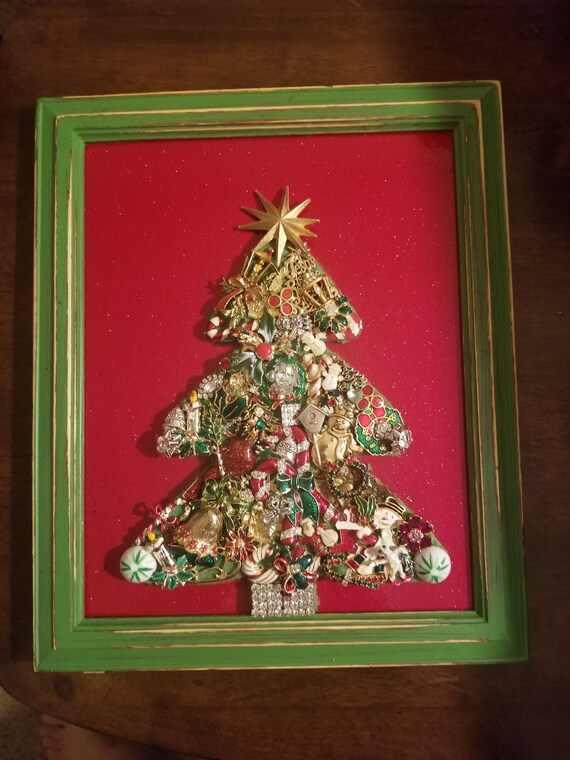 Framed Jewelry Art Mixed Media Vintage and Contemporary Christmas Tree