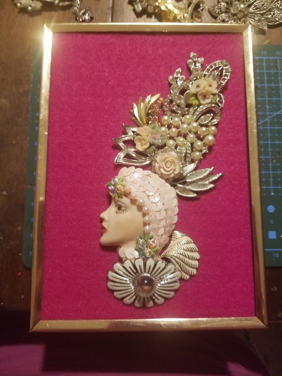 Framed Jewelry Art Mixed Media Vintage and Contemporary Flapper Lady Face