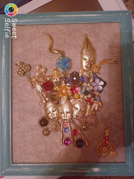 Framed Jewelry Art Mixed Media Vintage and Contemporary Clowns