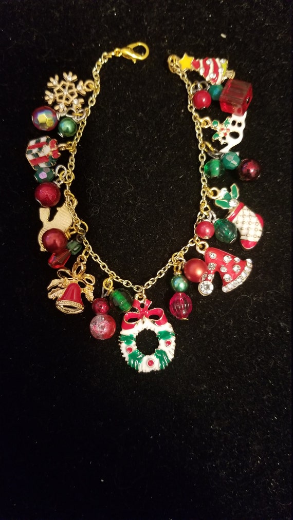 Christmas Charm and beaded bracelet OOAK handmade
