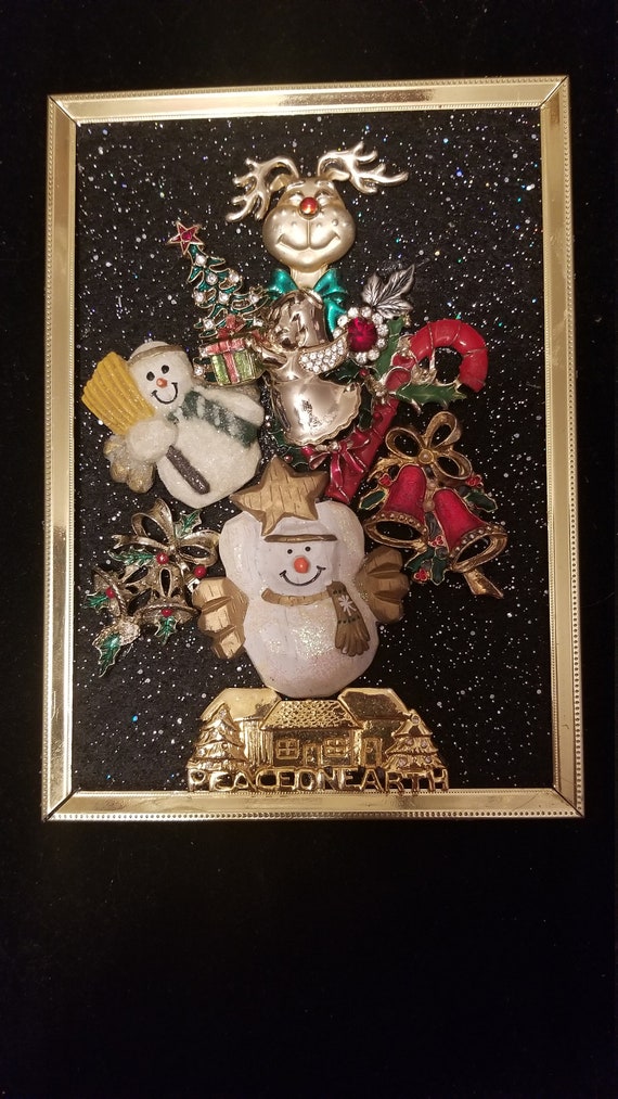 Framed Jewelry Art Mixed Media Vintage and Contemporary Snowman