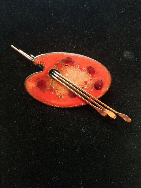 Vintage Matisse Renoir Copper Enameled Paint Palette Brooch RARE BURNT ORANGE