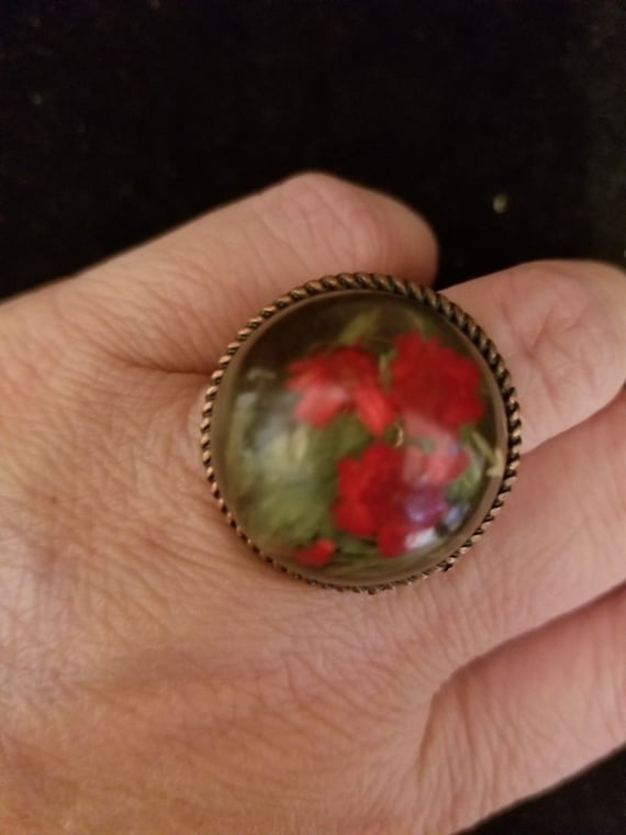 OOAK UPCYCLED Vintage Red Rose Cabochon ADJUSTABLE Statement Ring