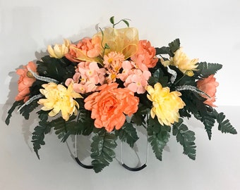 Spring or Easter Cemetery Flowers for Headstone and Grave Decoration-Yellow Peony and Lily Mix Saddle