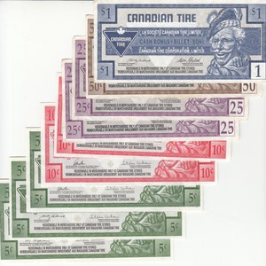 Set of 9 Canadian Tire Money Banknotes  AU+ condition