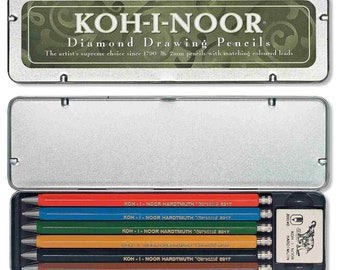 set of 6 Koh i Noor mechanical clutch pencils with tin box and eraser, 2 mm 5217 Czech drawing set  for back to school