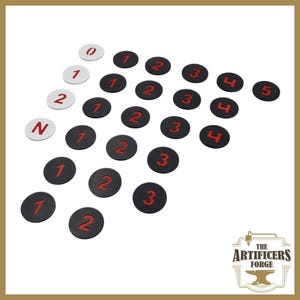 May include: A set of 20 round game pieces with red numbers on black and white backgrounds. The numbers range from 0 to 5 and include an 'N'.