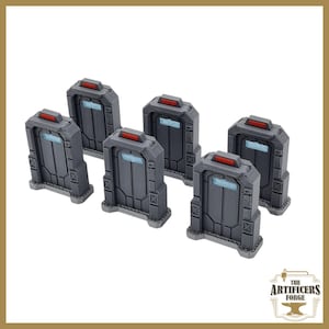 May include: Six gray plastic doors with red accents and a blue window. The doors are designed for use in tabletop games and are part of a set of miniature buildings.