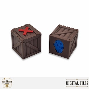 Puede incluir: Dos cajas cúbicas marrones con textura de tablones de madera. La caja de la izquierda presenta un símbolo X rojo en la parte superior. La caja de la derecha muestra un relieve azul de una cara en el lateral. El texto "THE ARTIFICERS FORGE" y "DIGITAL FILES" aparece debajo.