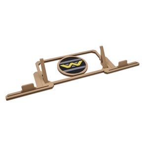 May include: A light brown wooden stand with a rectangular frame and a circular emblem. The emblem has a yellow "W" on a black background. The stand has angled and side supports. The stand is made of wood.