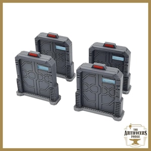 May include: Four grey plastic doors with a red button and a blue window. The doors are designed to look like futuristic spaceship doors.