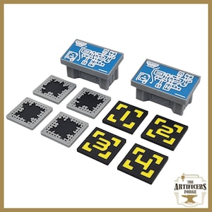 May include: Two grey and blue control panels with circuit board designs, along with eight grey and black tiles with black and yellow symbols. The tiles are labelled with the text "The Artificers Forge".