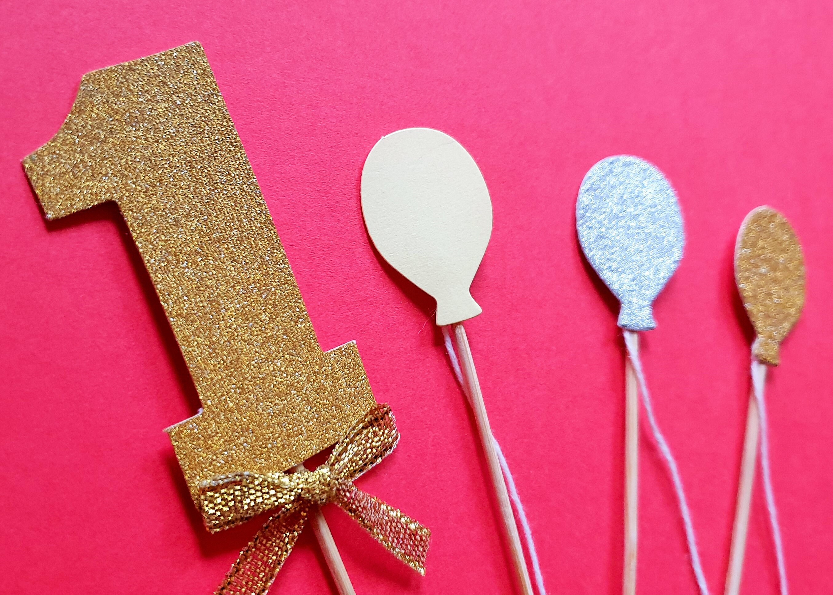 First Birthday Cake or Cupcake Toppers Number 1 / One & Balloons Pink