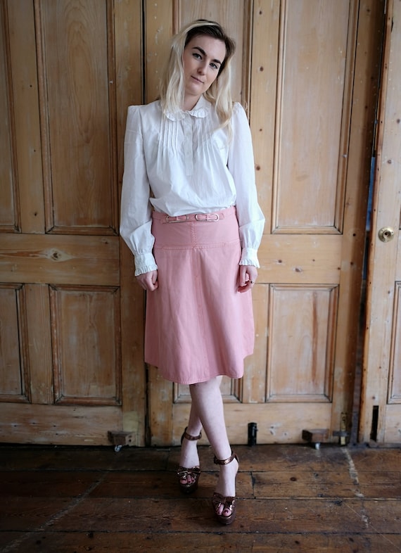 pink denim midi skirt