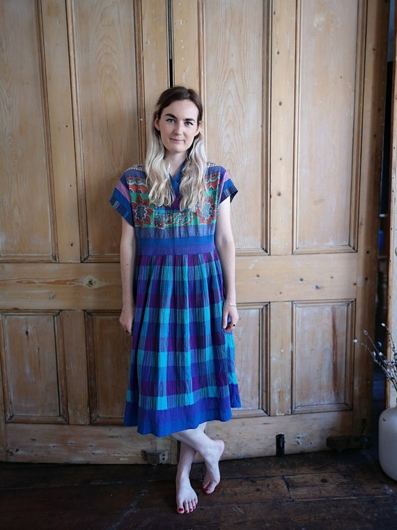 Vintage 70s Blue Cheesecloth Patchwork Boho Midi D