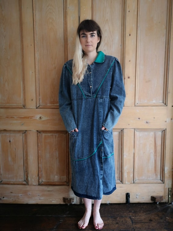 Vintage 80s Denim Smock Midi Dress