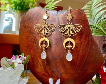 Celestial Moonstone Moth Earrings, Hypoallergenic, Fairy Jewelry