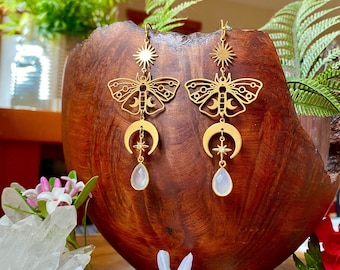 Celestial Moonstone Moth Earrings, Hypoallergenic, Fairy Jewelry