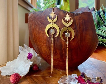Celestial Labradorite Moon Phase Earrings, Hypoallergenic, Fairy Jewelry