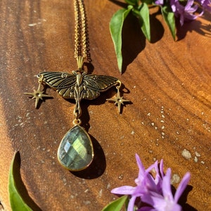 Labradorite Luna Moth Necklace, Hypoallergenic, Wanderlust Jewelry