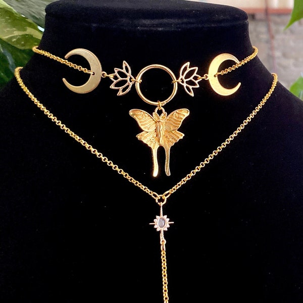 Luna Moth Choker, Moon Phase Necklace, Fairy Jewelry