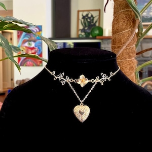 Floral Heart Locket Choker And Mushroom Necklace