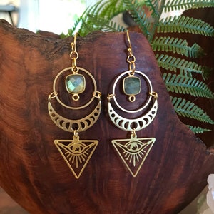 Labradorite Moon Phase Eye Earrings, Hypoallergenic Gold Crystal Hippie Earrings