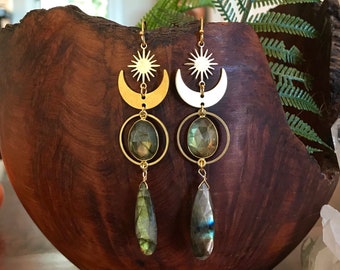 Gold Celestial Labradorite Earrings, Hypoallergenic Wanderlust Jewelry