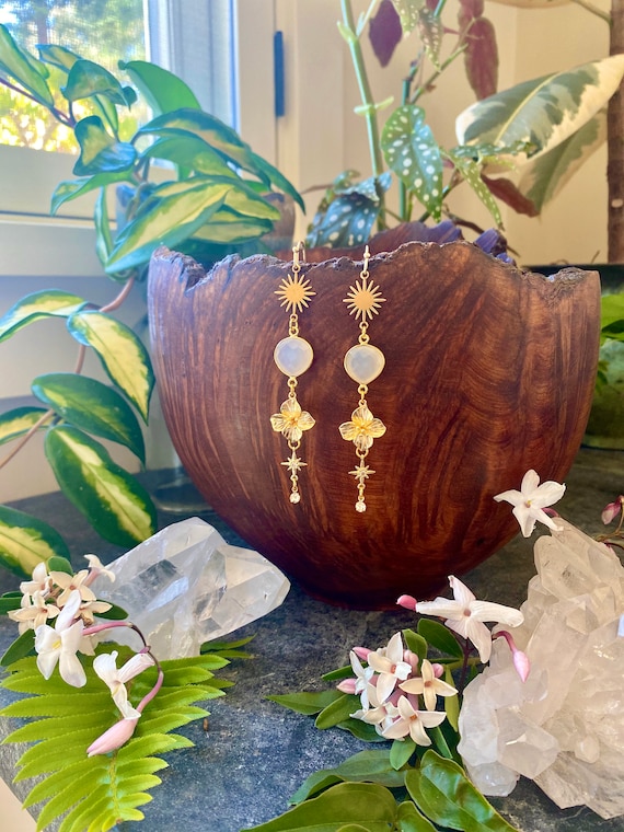 Botanical Moonstone Earrings, Hypoallergenic, Wanderlust Jewelry