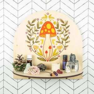 Enchanting Mushroom Crystal Altar Shelf: Wiccan Decor, Floating Display for Candles & Essential Oils