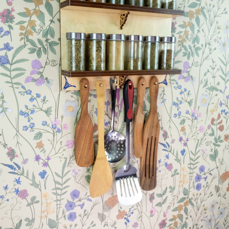 Spice rack, floating shelves, spice rack wall, cottagecore decor, Kitchen Storage, Wooden Spice Rack, kitchen decor, wood shelf image 8