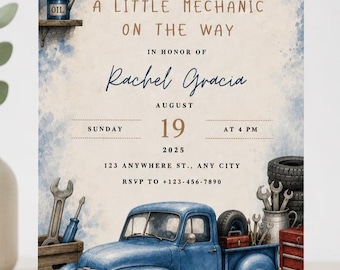 Mechanic Baby Shower Invitation, Editable Digital Download, Canva, Chevy Vintage Truck