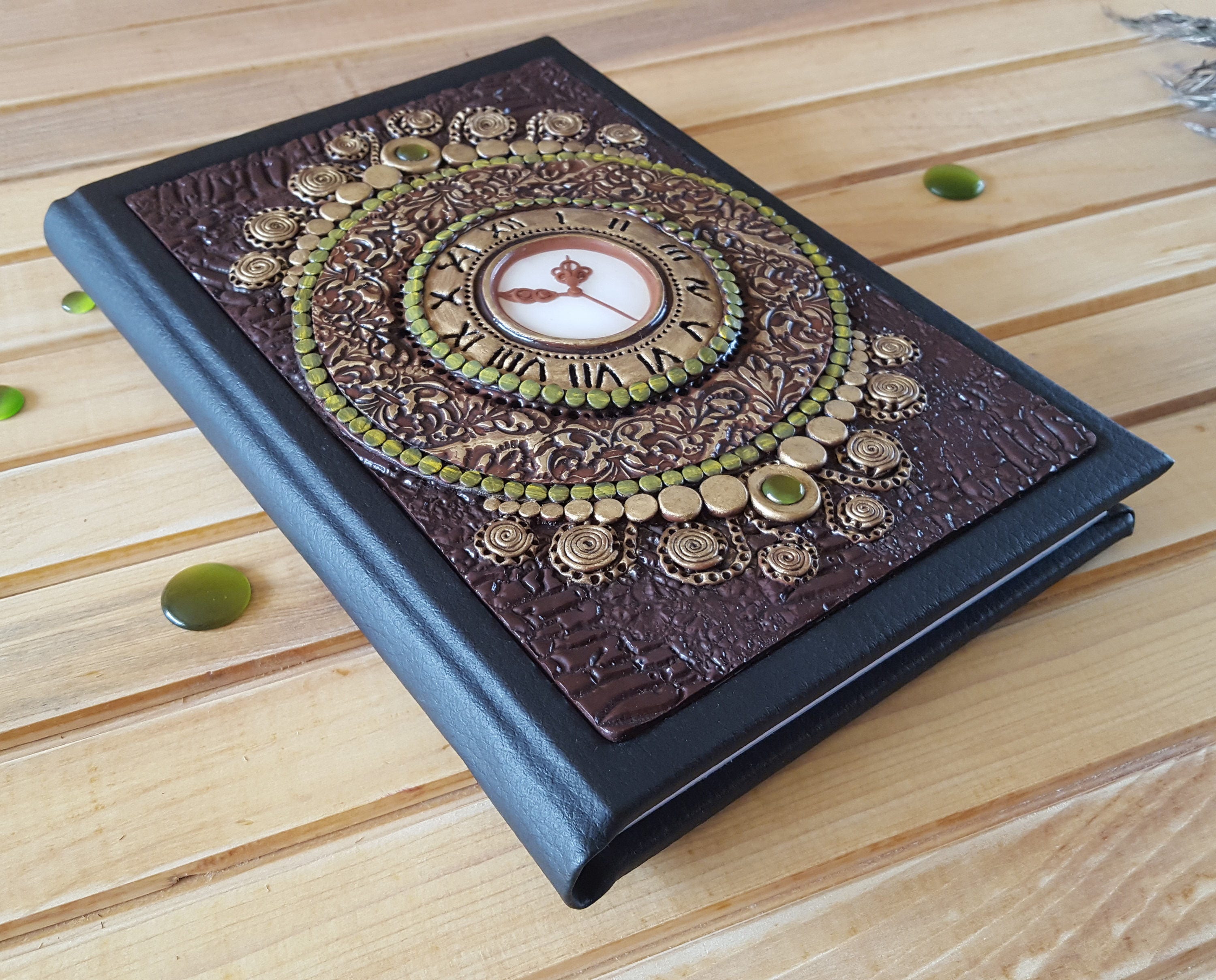 Time Book / Gold Clock Notebook / Black Leather Writing