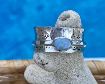 Opal Spinner Ring | Fidget Jewelry | Stress Relieving | Worry Ring | Hand Stamped Band | Handmade Silversmith Ring in Sterling Silver