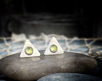 Triangle stud with peridot - August Birthstone Sterling Silver Handcrafted Post Earrings | Silversmith Jewelry | Gifts for Her | Minimalist