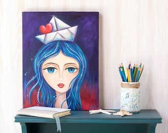 ACRYLIC ON CANVAS decohome wall painting boat girl sailor teenager teenager pictures sea gift summer barcodepapel love love