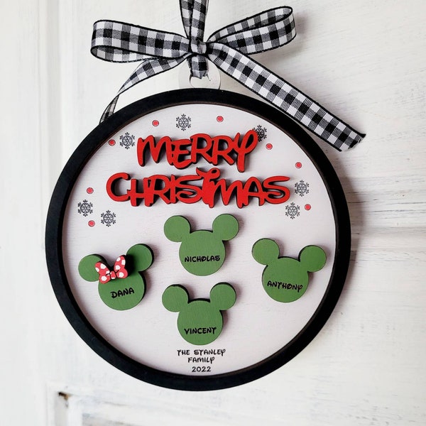 Merry Christmas Family Ornament, Mickey/Minnie Family Ornament, Disney Family Christmas Ornament, Wooden Christmas Tree Decor