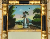 American Empire Eglomise Mirror Antique Giltwood Trumeau Looking Glass 19th c. New England Scenic Painted Mirror