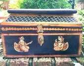 Indian Hope Chest Bride Groom Box Vintage Small Wood Chest Figural Painted Recipe Box Rustic Folk Art Keepsake Box